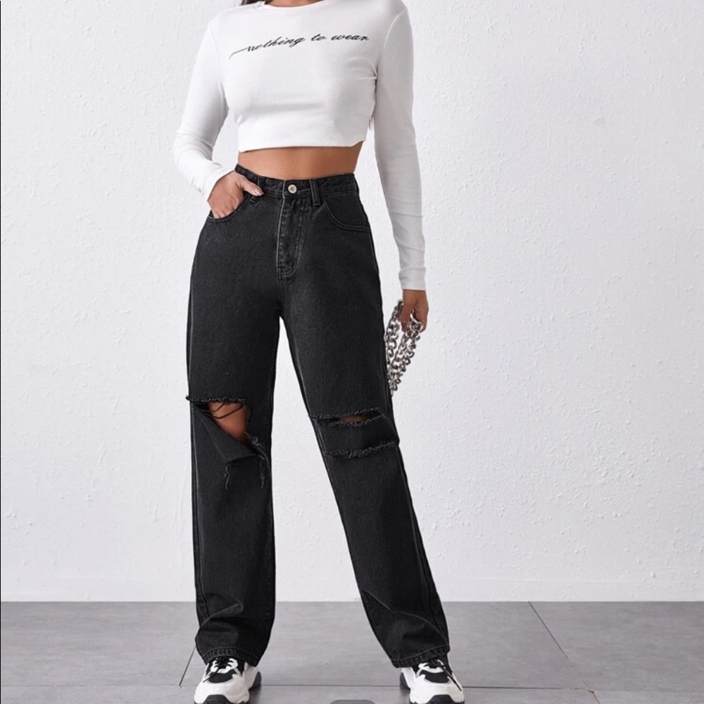 High waisted distressed jeans